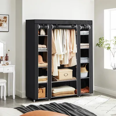 Produktbild von Kleideraufbewahrung - Stoffkleiderschrank - 2er-Set - Kleiderstange und Ablagen - Stoffhülle - Für Schlafzimmer/Ankleidezimmer - Schwarz