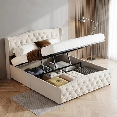 Obrázok produktu pre INONEFT čalúnená posteľ 140x200 cm s roštom, dvojlôžko s úložným priestorom, hydraulická posteľ s pružinami, zamatová posteľ s úložným priestorom, funkčná posteľ, béžová