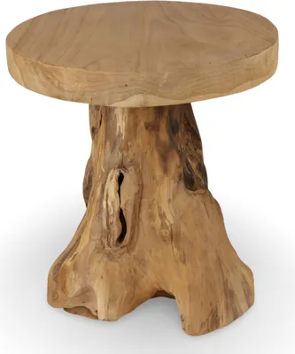 A round teak wood side table with a natural, unfinished base.