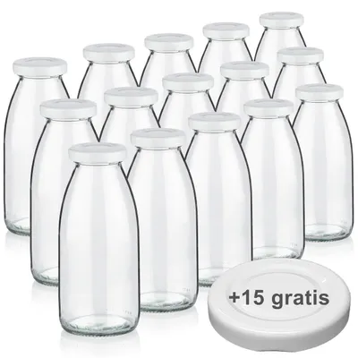 Produktbild von Milchflaschen 0,25L Smoothie Saft Flaschen 250ml leere Glasflaschen Deckel BPA frei, 15 Milchflaschen mit 30 Deckeln