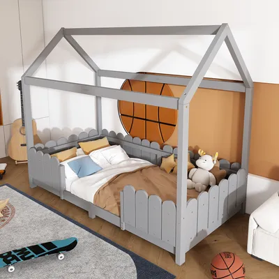 Produktbild von Holz-Hausbett 90x200 cm für Kinder mit Lattenrost & Rausfallschutz,ohne Matratze,Grau