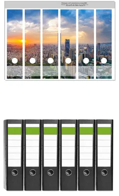 Produktbild von Wallario 6 Stück breite Ordner inkl. Klebeetiketten mit Motive Skyline mit Wolkenkratzern -  Set mit Rückenschildern / Ordnerrücken Stickern