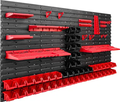 Obrázek produktu pro Skladovací systém Dílenské regály | 156 x 78 cm | 48 ks. Box | Nástěnný regál s držáky na nářadí a stohovatelnými boxy - Nástěnné desky Extra silné regály s přihrádkami Nástěnná deska s otvory pro nářadí Skladovací regál Garážový regál