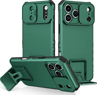 Produktbild von Dual Layer Hülle für iPhone 17 Pro Max Stossfest Robust Ständer Schutzhülle mit Schiebe Kamera Schutz Grün