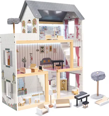 Produktbild von KIK - Puppenhaus aus Holz MDF + Möbel 78cm schwarz LED