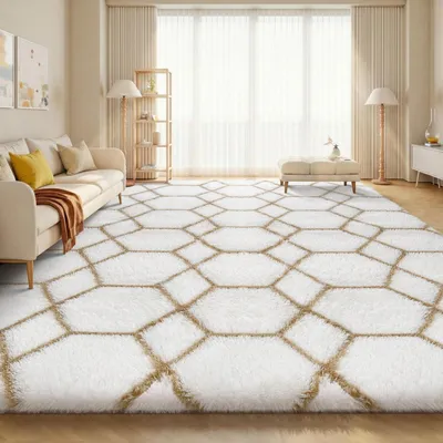 Immagine prodotto di Tappeto a pelo lungo, bianco e beige, 160x230 cm, lavabile, antiscivolo, per soggiorno, forma rettangolare