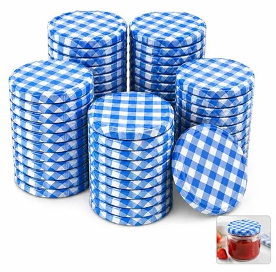 Zdjęcie produktu dla Zakręcane pokrywki, w kolorze niebiesko-białej kratki, 50 sztuk, o średnicy 82 mm, do słoików