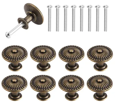 Produktbild von 8 Vintage-Möbelgriffe, runde Messing-Möbelknöpfe, blütenförmige Schranktürknöpfe, Schubladenknöpfe, antike Küchenknöpfe aus Bronze mit Schrauben, runde, gemusterte Vintage-Kommodenknöpfe, Schrankknöpfe aus Bronze