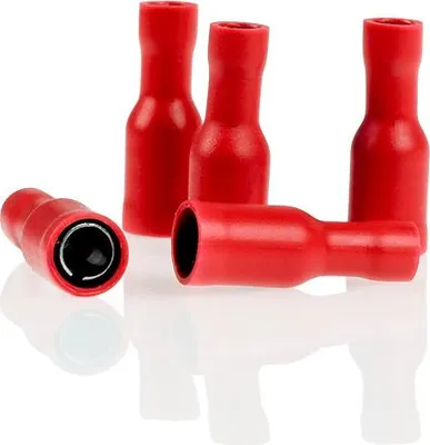 Zdjęcie produktu dla alca® Gniazda okrągłe w pełni izolowane czerwone 4.0mm 10szt. 0.5-1.5 mm² AWG 22-16 częściowo izolowane męskie Gniazda okrągłe zaciskane Złącza