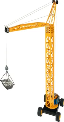 A yellow toy construction crane with a metal bucket hanging from its hook, shown against a white background.