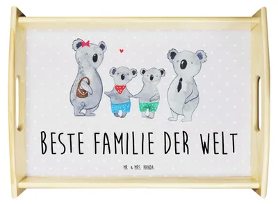 Produktbild von Mr. & Mrs. Panda Tablett Koala Familie zwei - Grau Pastell - Geschenk, Serviertablett, Muttertag, Koalabär, frühstückstablett holz, Bett-Tablett, Holztablett, Dekotablett