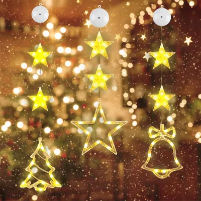 3 Fensterlichter, 30 warmweiße LEDs, Weihnachtsdeko mit Saugnapf