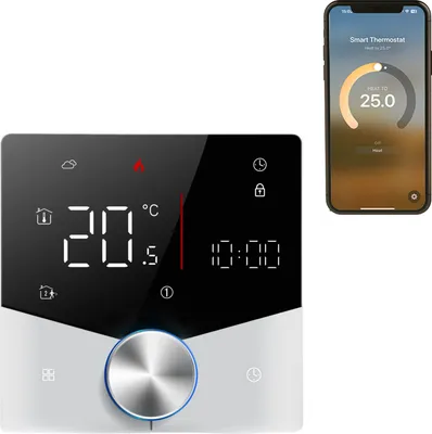 A smart thermostat and a smartphone displaying its app.