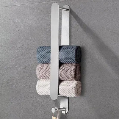Zdjęcie produktu dla Unyqoos® Wieszak na ręczniki bez wiercenia – samoprzylepny uchwyt na ręczniki ze stali nierdzewnej 304, 42,5 cm, z haczykami, odporny na korozję, srebrny