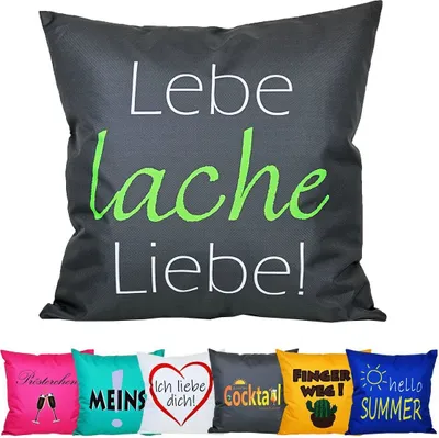 Produktbild von JACK 50x50cm Motiv Outdoor Lounge Kissen Dekokissen inkl. XXL-Füllung Wasserabweisend Sitzkissen Garten Stuhl Lotus Effekt lustig, Farbe:Lebe Lache Liebe