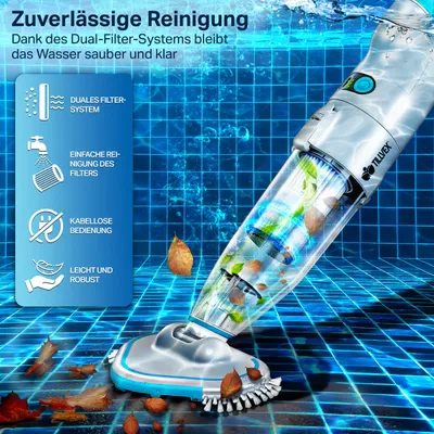 Produktbild von tillvex Poolsauger mit Akku - bis zu 15 m³ | Pool Bodensauger elektrisch | Poolreiniger mit Filter & 2-Geschwindigkeits-System | Handsauger Reinigungsset kabellos