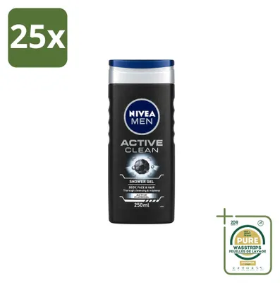 Obrázek produktu pro 25 kusů sprchového gelu Nivea Men Active Clean, objem 250 ml – balení pro větší spotřebu