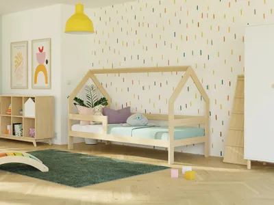 Produktbild von Kinderholzbett Hausbett SAFE 3-in-1 mit Barriere 120x200 cm Transparente matte Wachslasur, Mit einem Rausfallschutz