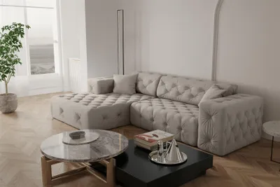 Produktbild von Ecksofa Designersofa CHANTAL in Stoff Opera Velvet Cream Ottomane Links