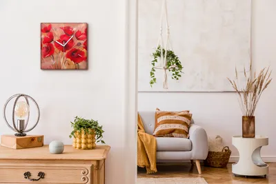 Produktbild von Coloray Hodiny Unikátní 30x30 cm  Tiché hodiny Pro obývací pokoj a kuchyň Nástěnné hodiny Plátno Bílé ručičky hodin - Květiny červených máků