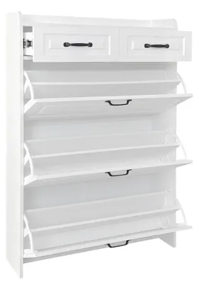 Obrázok produktu pre Skriňa na topánky – úložný priestor na topánky – 3 veľké dvierka – 2 zásuvky – drevotrieska – biela farba