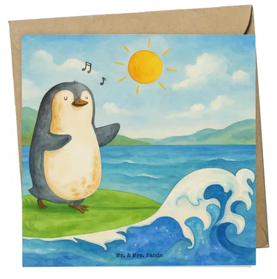 Produktbild von Mr. & Mrs. Panda doppelkarte Pinguin Surfer Design - Weiß - Geschenk, Optimistisch, Urlaub, Motiviert, faltkarte, anlasskarte, Portugal, Pinguine, Klappkarte, Hawaii