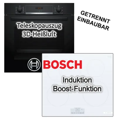 Produktbild von Bosch Herdset Einbaubackofen 3D-Heißluft Hydrolyse Teleskopauszug + Induktionskochfeld Booster BräterzoneTouch weiss