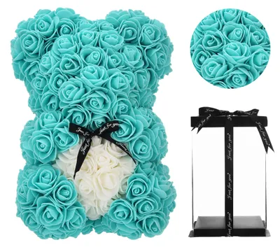 Rosen-Teddybär in Geschenkbox, blau, 25 cm, handgefertigt