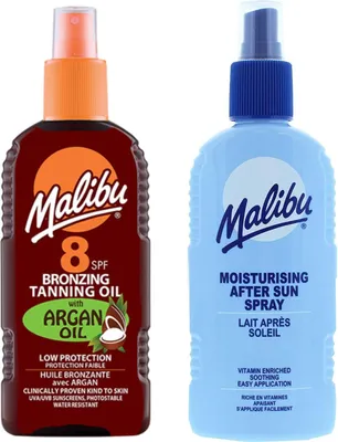 Productafbeelding van Malibu bruiningsolie met argan SPF8 200 ml + aftersun lotion spray 200 ml Bruiningsset