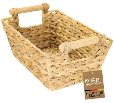 Produktbild von HMF Aufbewahrungskorb geflochten aus Wasserhyazinthe, dekorativer Korb mit Holzgriffen zur Aufbewahrung für Badezimmer, Wohnzimmer, Küche, 30 x 20 x 12 cm, Naturfarben, KI-generiertes Bild