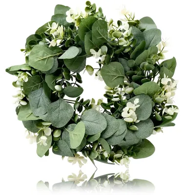 Productafbeelding van Kunstmatige eucalyptuskrans van 30 cm met bessen, geschikt voor bruiloften en decoratie van de voordeur