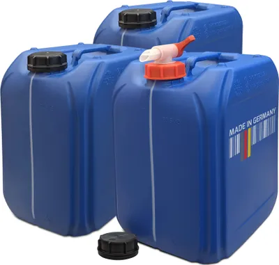 Produktbild von plasteo® 3X 20 Liter Wasserkanister Kanister Plastikkanister Campingkanister blau Lebensmittelecht BPA-Frei Gefahrgut geeignet DE
