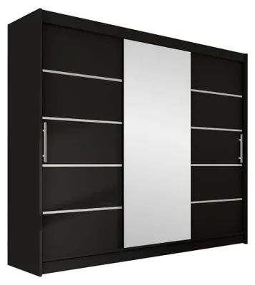 Produktbild von MIRJAN24 Großer Schwebetürenschrank Aston VI mit drei Türen, Kleiderschrank mit Kleiderstange, Frontspiegel (Farbe: Schwarz / Spiegel, ohne Beleuchtung)