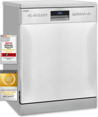 A white dishwasher with several product awards and certifications displayed on the left side.