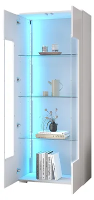 Immagine prodotto di Vetrina per soggiorno, dimensioni 70x40x173 cm, con due ante in acrilico, frontali in bianco lucido e illuminazione LED controllabile tramite app, realizzata in MDF