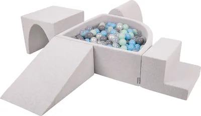 Produktbild von KiddyMoon spielplatz aus schaumstoff mit viertel eckig bällebad (300 bälle) hindernisläufe, hellgrau:perle/grau/transparent/babyblue/minze