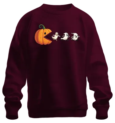 Produktbild von Halloween Kürbis Pacman Geister Party Lustig Cartoon Sweatshirt Pullover, Burgundy, XXL