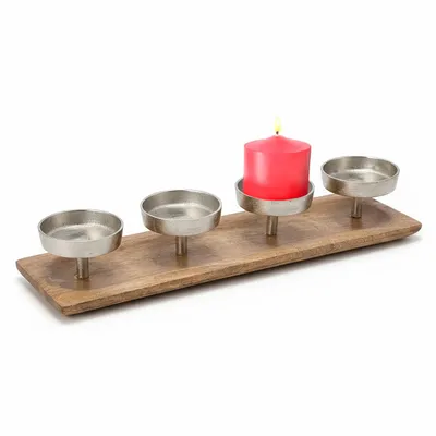 Image de Porte-bougies de l'Avent en mangue avec 4 assiettes à bougies en aluminium - env. 38x12 cm
