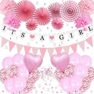 Productafbeelding van Babyfeestdecoratie voor meisjes, roze. Babyfeestdecoratieset met ballonnen en slingers