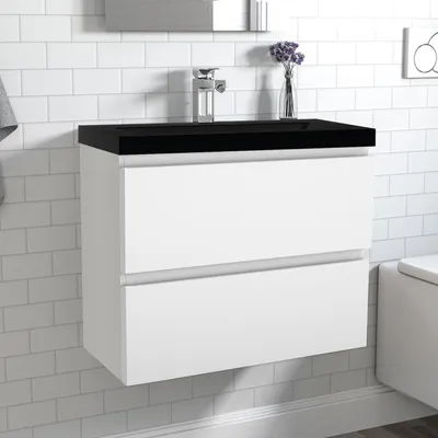 Produktbild von Badezimmermöbel 60cm KANY hochglanz Weiß Badmöbel set,Schwarz Mineralguss Waschtisch,Badezimmer Badmöbel mit 2 Schubladen,Selbstmontierter Unterschrank