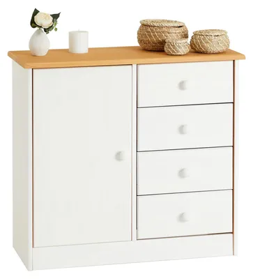 Produktbild von Kommode RONDO in weiß/braun mit 4 Schubladen und 1 Tür, Schubladenschrank aus Kiefer im Landhausstil