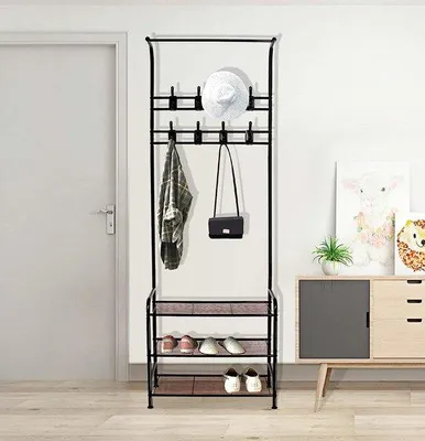 Obrázok produktu pre Uniqoos® Vešiak na oblečenie 3 v 1 – tyč na oblečenie s trojposchodovou policou na topánky, 16 odnímateľných háčikov, 4 nastaviteľné nožičky, robustná kovová konštrukcia, samostatne stojaci, čierna farba, vhodný do spálne