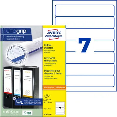 Produktbild von Avery Zweckform L4760-100, Ordner-Etiketten, A4, Qualitätsdruck mit: ultragrip, 38 x 192 mm, 700 Etiketten / 100 Bögen, weiß