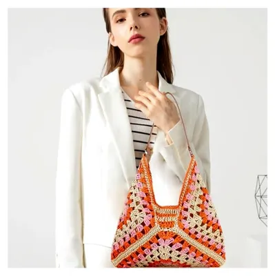 Produktbild von Strohtasche - Stroh Bohemian Farbige Großvolumige Handtaschen - Damen Sommer Taschen,Für Zuhause Schule Alltag Büro Dating Outdoor Reisen Arbeit Spazieren Einkaufen Pendeln Camping