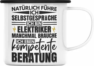 Produktbild von Trendation - Elektriker Emaille Tasse Geschenk Elektromeister Lustiger Spruch Männer Geschenkidee Natürlich Führe Ich Selbstgespräche (Schwarz)