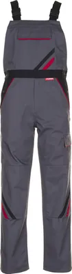 A pair of gray work overalls with red and black accents, shown front-on against a white background.