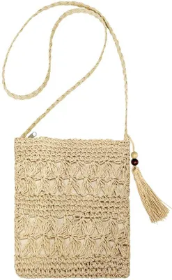 Imagen del producto de Bolsa de hombro de paja Unyqoos® para mujer: hecha a mano con paja natural de alta calidad, con cremallera y borlones, de 24 x 20 cm, con correa de hombro de 60 cm. Ideal para la playa, el trabajo y los viajes