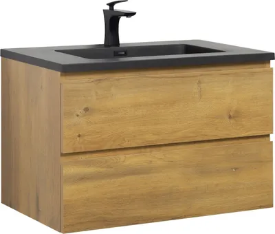 Produktbild von Badplaats Badmöbel Set mit Waschbecken und Unterschrank Angela 80 x 48 cm Eiche - Waschbeckenunterschrank mit Soft-Close und Schwarze Waschbecken, Vorgemontiert