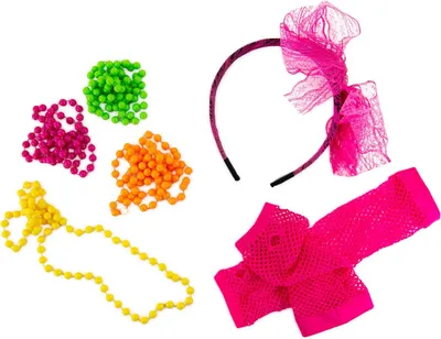 Produktbild von Oblique Unique 80er Jahre Kostüm Accessoire Set - Haarreifen + Perlenketten +  Netzhandschuhe 80s Party Karneval Fasching