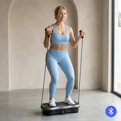 Immagine prodotto di Piattaforma vibrante con altoparlante Bluetooth, elastici di resistenza, telecomando e guida all'allenamento InnovaGoods